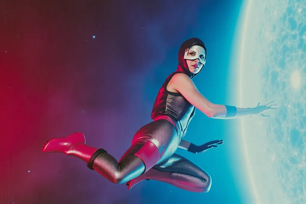 Prompt: female masked  luchador wrestler in  sparkly  bodysuit   sky diving
retrofuturism style , photography 