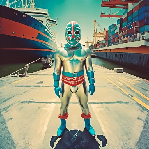 Prompt: <mymodel>  photo , film 
masked luchador fighter at a  sea port   , faded photo, light leak, film burn ,fish eye lens, wide lens, 8m"m lens, lens 
tilt and shift effect, motion blur, long exposure 