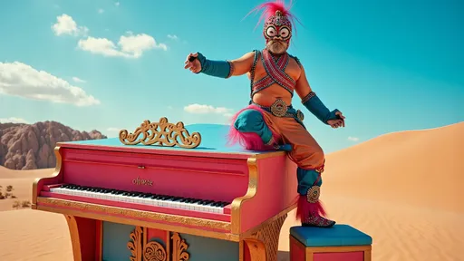 Prompt: masked female luchador (dressed in full luchador costume with mask and sparkly details) in colorful, sparkly costume and mask, standing on top of a colorful  grand piano in the middle of the desert , whimsical atmosphere, playful and lively, ultra-detailed, HD, , surreal and fun setting, capturing a magical moment of playfulness and nostalgia, visually striking tableau. 
