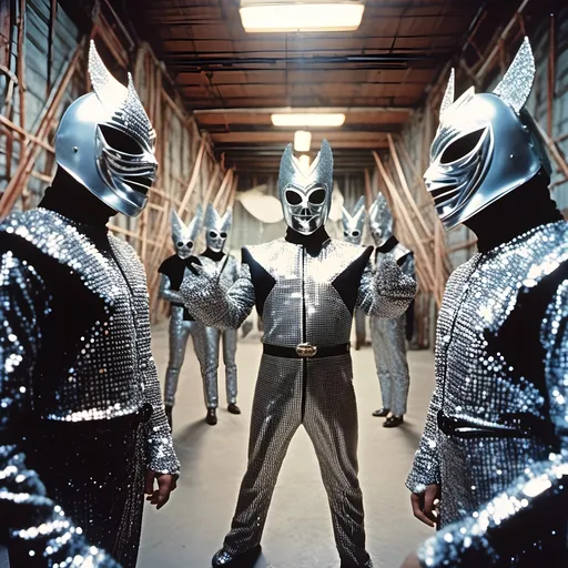 Prompt: <mymodel>  2  luchadores fighters dressed in silver and black sparkly fur  jacket and mask and bodysuit playing darts  in a warehouse  , faded photo, light leak, film burn ,fish eye lens, wide lens, 8m"m lens, lens flare