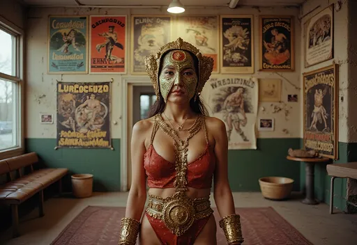 Prompt: high definition  cinematic longshot scene taking place in a vintage poster printing Wearhouse . the walls are covered with vintage "Lucha libre" promotional luchador wrestling posters, and antique luchadores  costumes  . a large  female luchador   (she is wearing very elaborate luchador classic Mexican luchador costume with full face  luchador mask). 
Ekta chrome photograph, a colorized photo, low-fidelity dreamy aesthetic, flare, analog photography. super detailed, natural textures and skin 