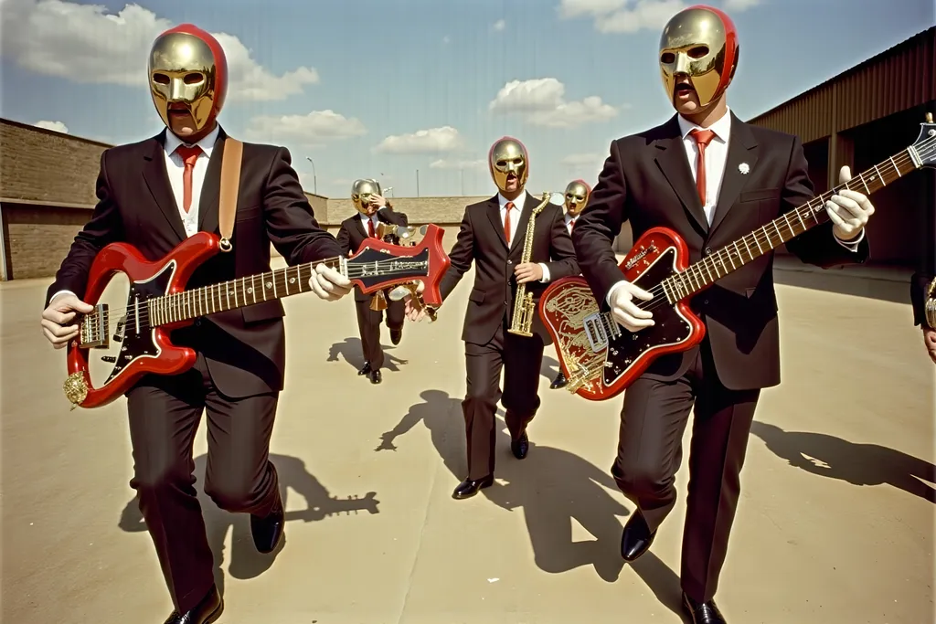 Prompt: masked male and female  luchadores wrestlers in a vintage 1950 jail outdoor court scene, playing a big band swing band in 1950s swing style suits. wearing 1950s fashion made of corn, Lomography 