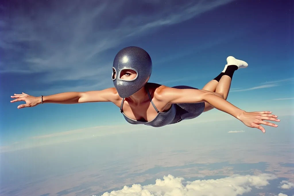 Prompt: female masked  luchador wrestler in  sparkly  bodysuit   sky diving
retrofuturism style , photography 