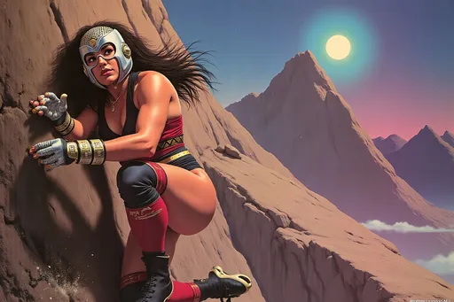 Prompt: masked female luchador wrestler rock climbing a mountain