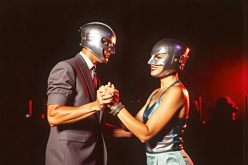 Prompt: masked male and female  luchadores wrestlers in a vintage 1950 bar scene, dancing in 1950s swing style suits. wearing 1950s fashion, silver gelatin 