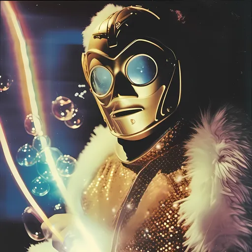 Prompt: <mymodel>  photo , film , flash .
night shot, flash luchador fighter dressed in  white and gold sparkly fur  jacket and mask and bodysuit blowing bubbles r, faded photo, light leak, film burn, flash ,fish eye lens, wide lens, 8m"m lens, lens flare, polaroid, high contrast, low angle