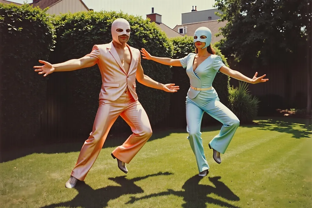 Prompt: masked male and female  luchadores wrestlers in a vintage 1950 garden scene, dancing in 1950s swing style suits. wearing 1950s fashion made of corn, silver gelatin 