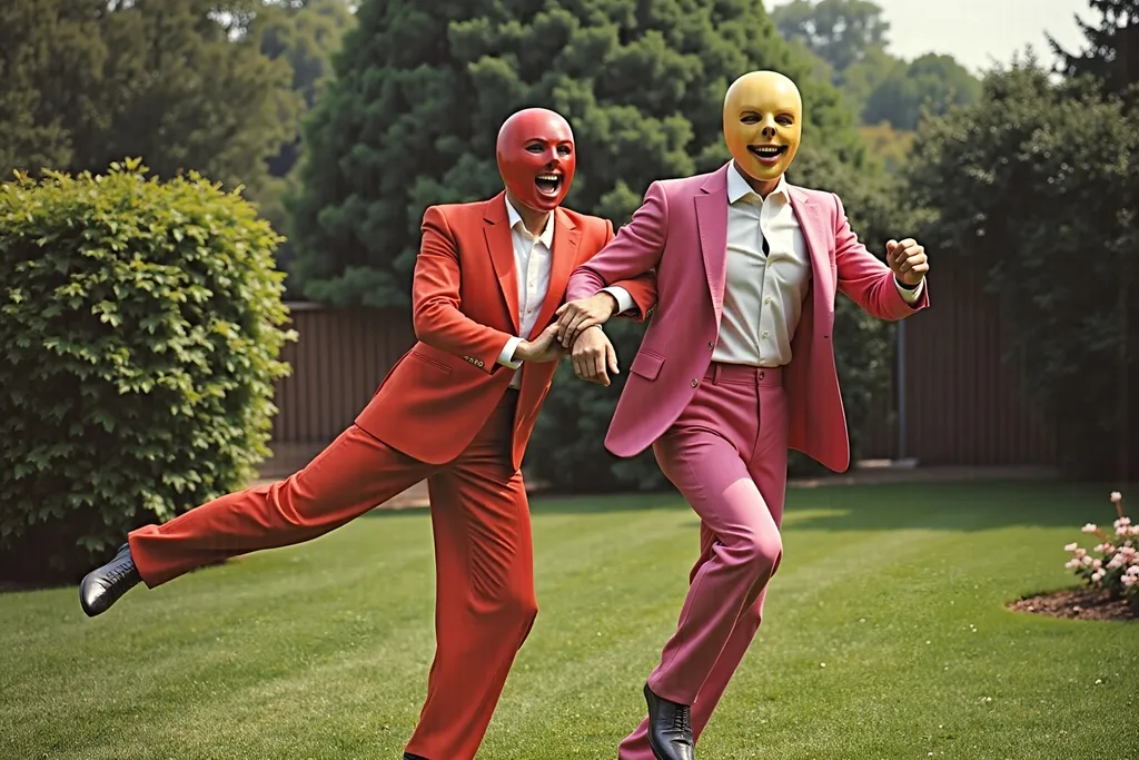 Prompt: masked male and female  luchadores wrestlers in a vintage 1950 garden scene, dancing in 1950s swing style suits. wearing 1950s fashion made of corn, Lomography 