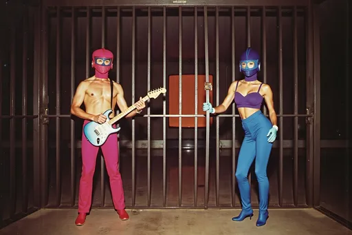 Prompt: masked male and female  luchadores wrestlers in a vintage 1950 jail scene, playing a big band swing band in 1950s swing style suits. wearing 1950s fashion made of corn, Lomography 