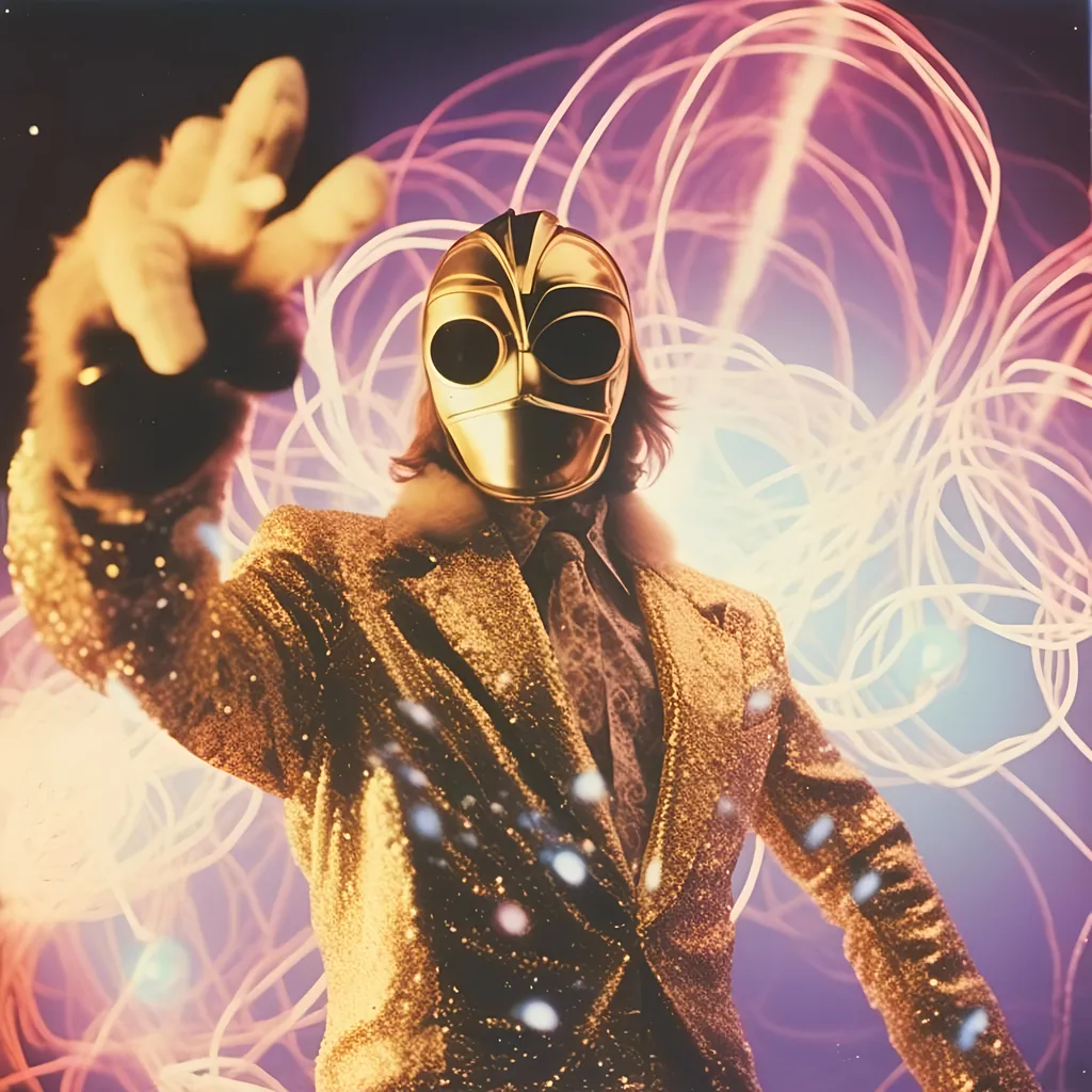 Prompt: <mymodel>  photo , film , flash .
night shot, flash luchador fighter dressed in  white and gold sparkly fur  jacket and mask and bodysuit blowing bubbles r, faded photo, light leak, film burn, flash ,fish eye lens, wide lens, 8m"m lens, lens flare, polaroid, high contrast, low angle