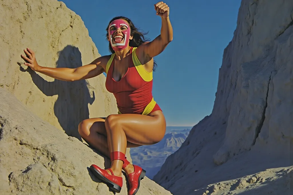 Prompt: masked female luchador wrestler rock climbing a mountain