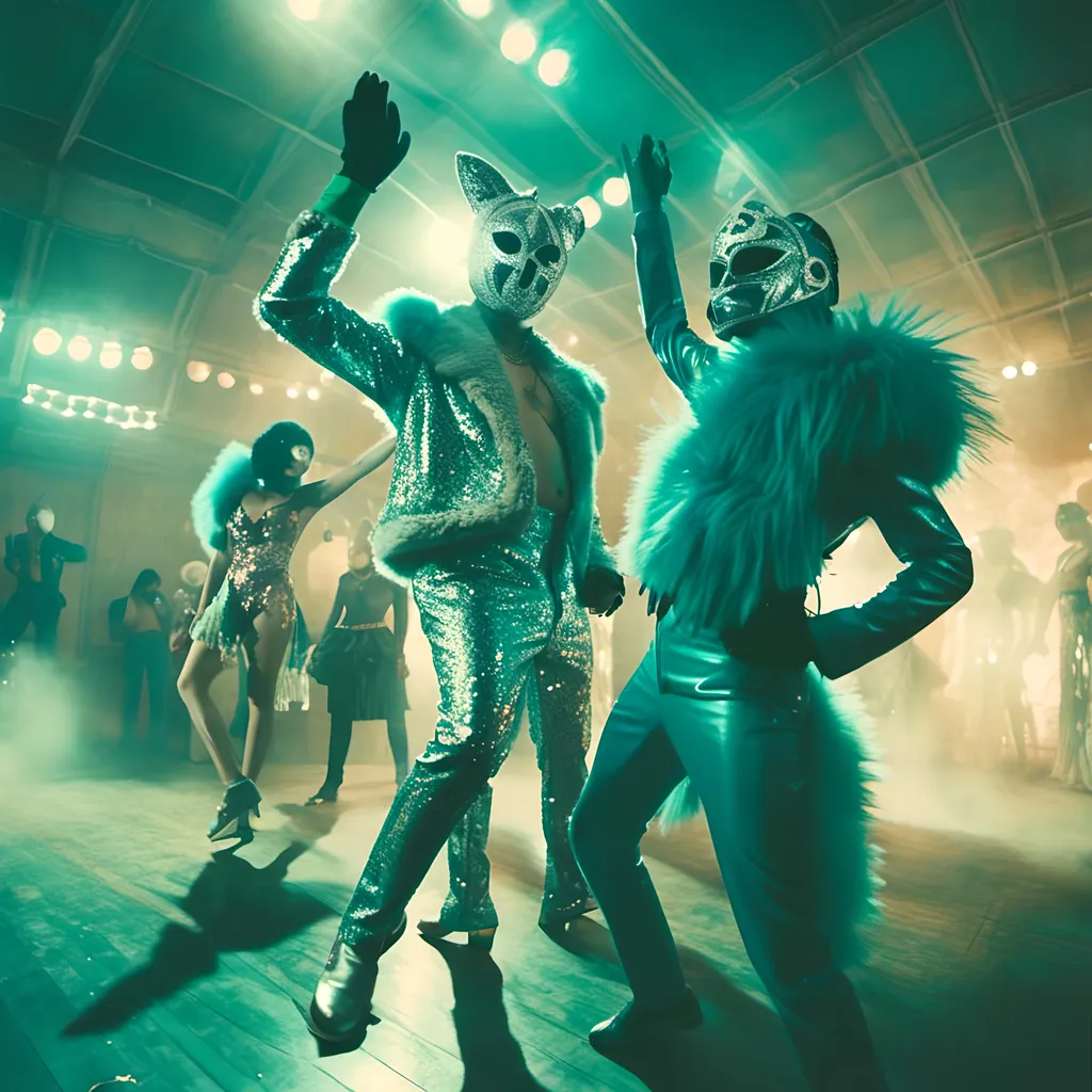 Prompt: <mymodel>   luchador fighters dressed in silver and dark teal  sparkly fur  jacket and mask and bodysuit dancing , faded photo, light leak, film burn ,fish eye lens, wide lens, 8m"m lens, lens flare