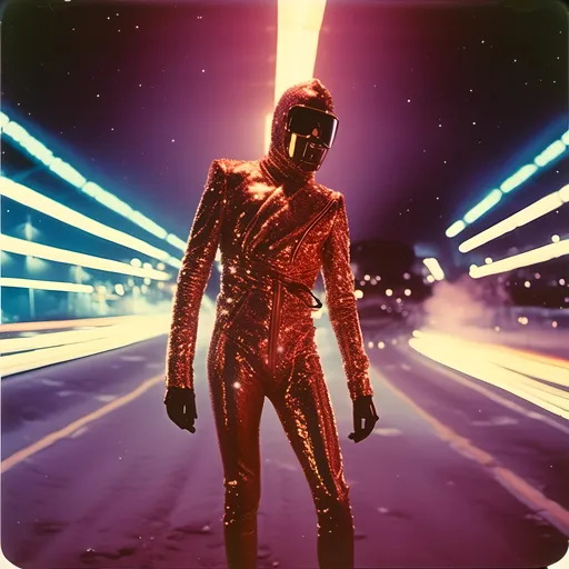 Prompt: <mymodel>  night shot, flash luchador fighter dressed in  dark red gold sparkly fur  jacket and mask and bodysuit pumping gas
retrofuturism, faded photo, light leak, film burn, flash ,fish eye lens, wide lens, 8m"m lens, lens flare, polaroid, high contrast, low angle, motion blur, slow shutter