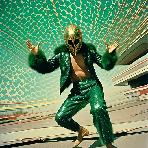 Prompt: <mymodel>  luchador fighter dressed in bronze and dark green  sparkly fur  jacket and mask and bodysuit dancing , faded photo ,fish eye lens, wide lens, 8m"m lens, 