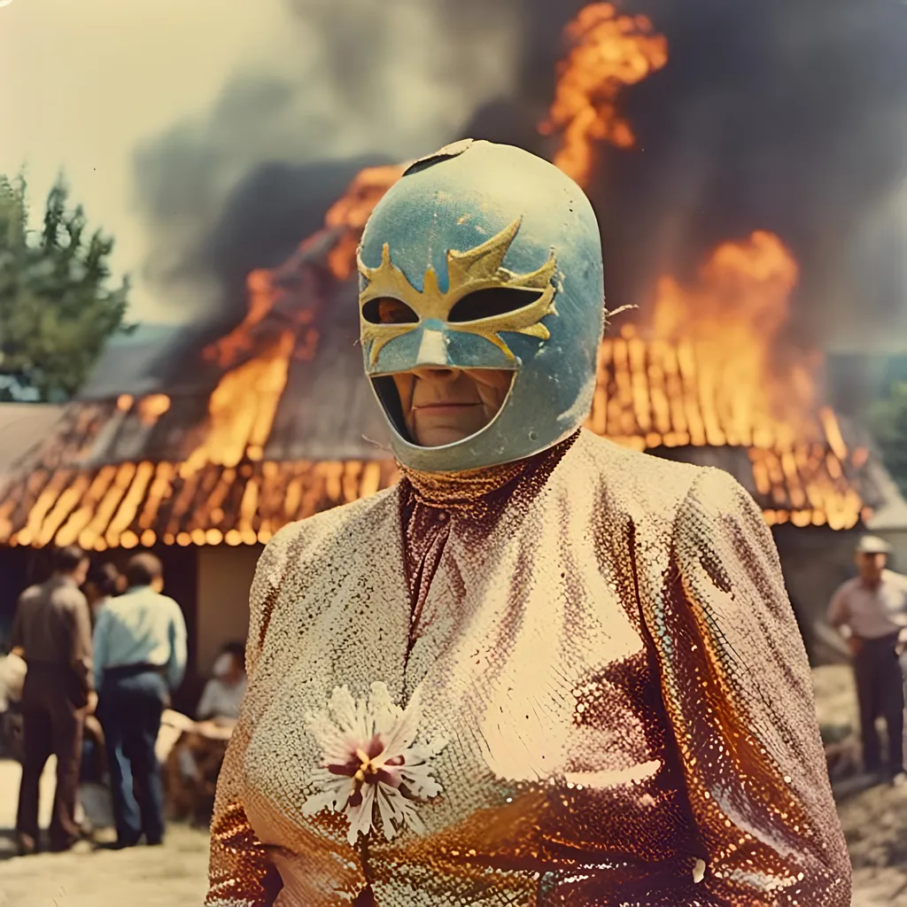 Prompt: <mymodel> 
photo , film, very old lady masked luchador wearing a sparkly  suit  , in the background a village is burning, 
faded photo, full color , over saturation
