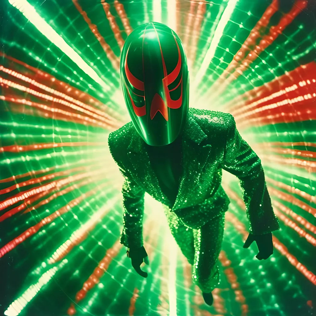 Prompt: <mymodel>   luchador fighter dressed in  green red sparkly fur  jacket and mask and bodysuit swinging 
retrofuturism, faded photo, light leak, film burn, flash ,fish eye lens, wide lens, 8m"m lens, lens flare, polaroid, high contrast, low angle, motion blur, slow shutter