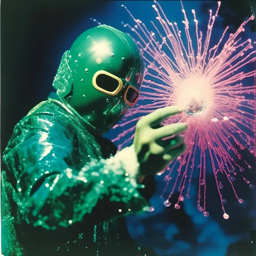 Prompt: <mymodel>  night shot, flash luchador fighter dressed in  dark teal and green sparkly fur  jacket and mask and bodysuit shooting a soap bubble gun
, faded photo, light leak, film burn, flash ,fish eye lens, wide lens, 8m"m lens, lens flare, polaroid, high contrast, low angle, motion blur, slow shutter