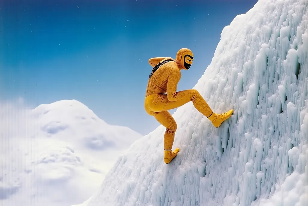 Prompt: masked  luchador wrestler in bodysuit made of corn  ice climbing a mountain.
retrofuturism style 