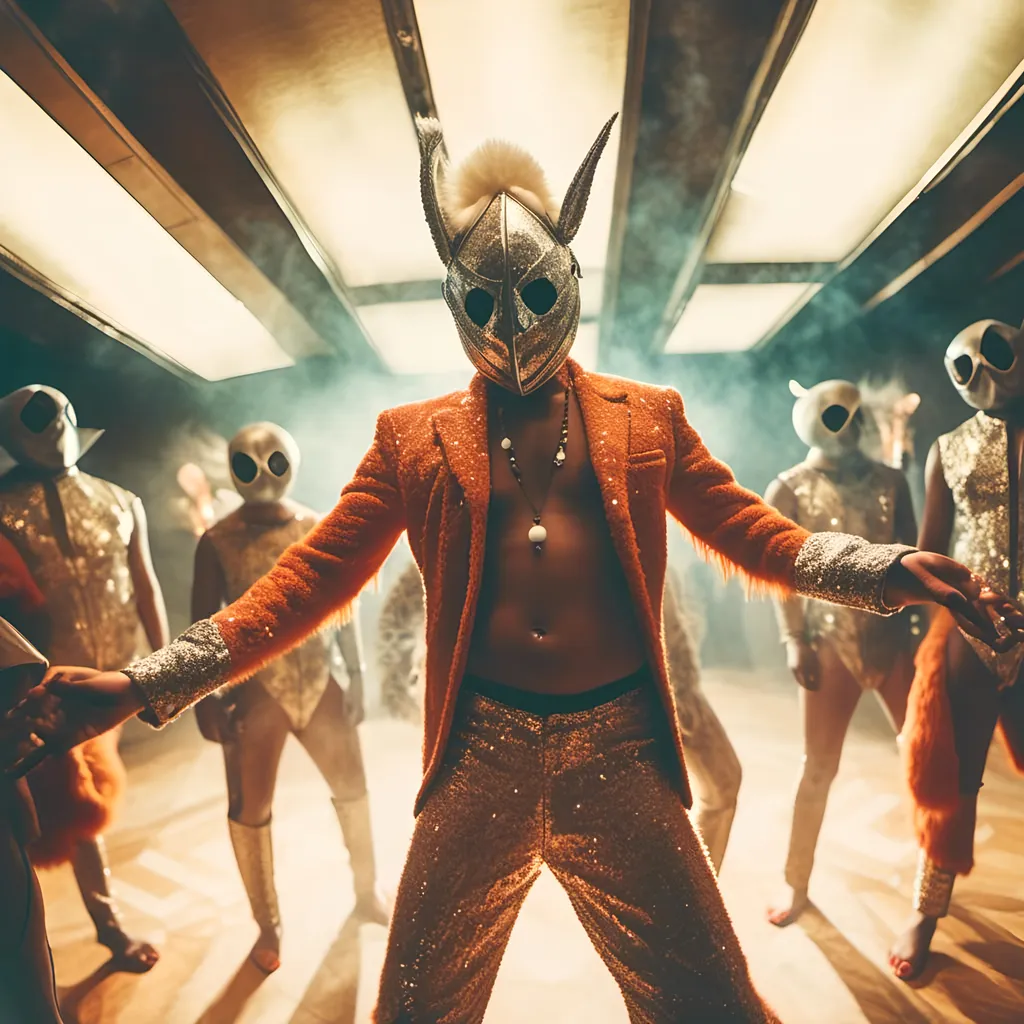 Prompt: <mymodel>   luchador fighters dressed in silver and dark orange  sparkly fur  jacket and mask and bodysuit dancing , faded photo, light leak, film burn ,fish eye lens, wide lens, 8m"m lens, lens flare