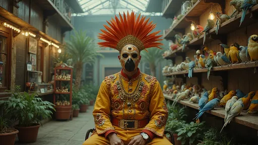 Prompt: a cinematic longshot scene taking place in a vintage atrium full with hundreds of  parrots . a luchador siting alone in the store (he is wearing very elaborate luchador costume with jewels and feathers with full face luchador mask).  Ekta chrome photograph, a colorized photo, low-fidelity dreamy aesthetic, flare, analog photography 