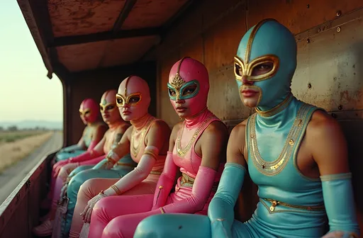 Prompt: small group older masked female luchador wrestlers (all characters are wearing very elaborate bodysuits and full face masks), they are  sitting in the back of a large "18 wheeler" truck . Arie Smit, retrofuturism, Ekta chrome photograph, a colorized photo, low-fidelity dreamy aesthetic, flare, low quality, analog photography David LaChapelle, magical realism.
