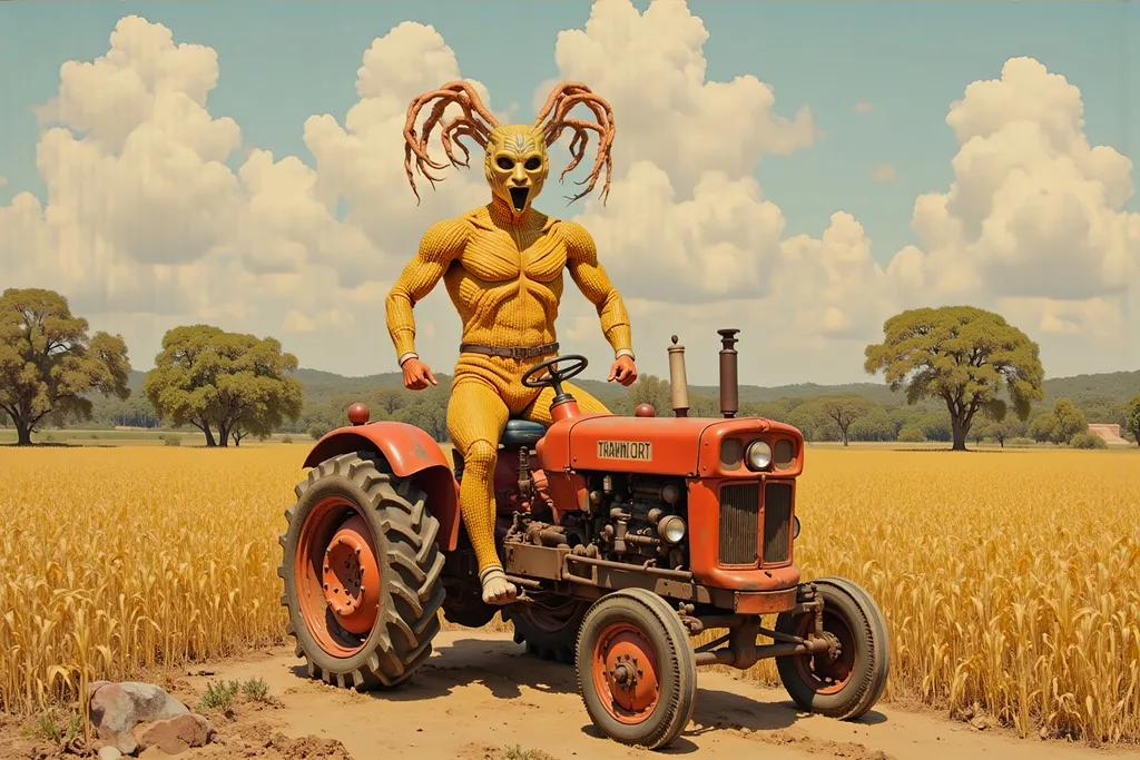 Prompt:  vintage illustration of luchador dressed in a corn suit, pastel colors masked luchador wrester  dressed bodysuit made of corn riding a vintage tractor in a field, faded colors, retro futurism