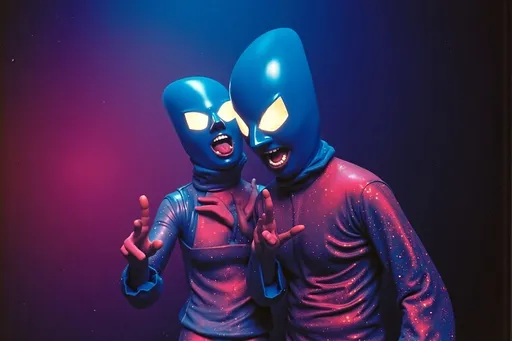 Prompt: a small group (no more than 4 people) luchadores wrestlers. screaming at each other , dynamic  scene. people look very upset, and angry  in a florescent lit room, with a 1980's simple brutalist design aesthetic. 
8K , super detailed . in a 1980's indie cinematic look.
photograph, grainy film look