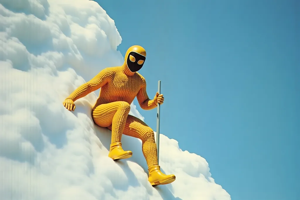 Prompt: masked  luchador wrestler in bodysuit made of corn  ice climbing a mountain.
retrofuturism style , photography 