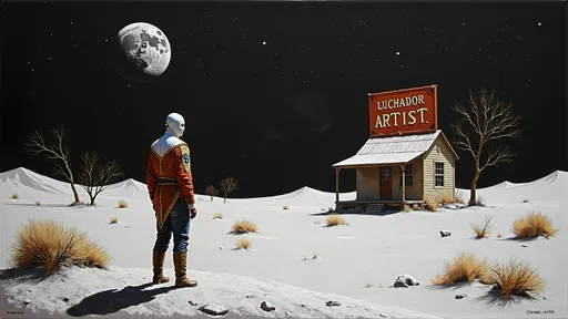 Prompt:  a moon landscape with on lonely masked luchador (in a full sparkly luchador costume) on the horizon- one lonely building  with a  vintage and dirty sign on the roof  the says- correctly spelling "Luchador Artist" in the distance on surface of the moon itself , far away a planet floating in the background.