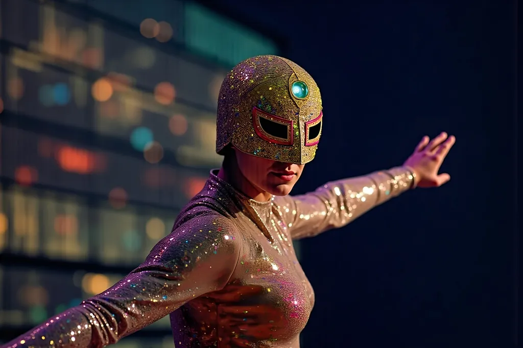 Prompt: female masked  luchador wrestler in  sparkly  bodysuit   doing parkour 
retrofuturism style , photography  