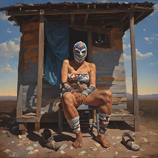 Prompt: <mymodel>painting of  portrait of old and  tired masked female luchador wrestler , she is wearing an all diamonds body suit, she is sitting on a broken down rocking chair on a porch of an old Mexican shack, she looks like she has given up on life.
A lot of dusk and haze is in the air. Dust and smoke in the air



