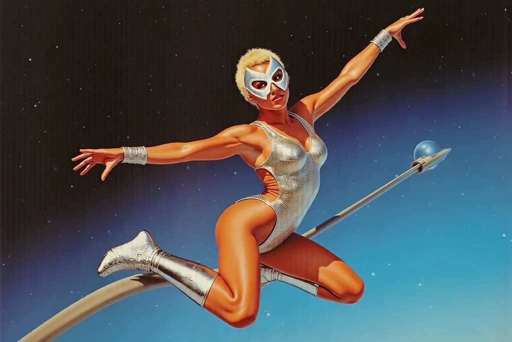 Prompt: female masked  luchador wrestler in  sparkly  bodysuit   parachuting 
retrofuturism style , photography 