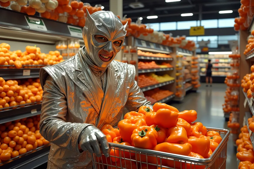 Prompt:  masked luchador dressed silver and orange  sparkly  suit, masked luchador wrester  pushing a cart full of bejeweled chili pepper in large 1980 style supermarket