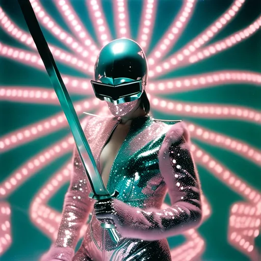 Prompt: <mymodel>  night shot, flash luchador fighter dressed in light pink and teal sparkly fur  jacket and mask and bodysuit holding a sword
retrofuturism, faded photo, light leak, film burn, flash ,fish eye lens, wide lens, 8m"m lens, lens flare, polaroid, high contrast, low angle