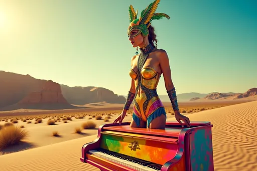 Prompt: masked female luchador (dressed in full luchador costume with mask and sparkly details) in colorful, sparkly costume and mask, standing on top of a colorful  grand piano in the middle of the desert , whimsical atmosphere, playful and lively, ultra-detailed, HD, , surreal and fun setting, capturing a magical moment of playfulness and nostalgia, visually striking tableau. 