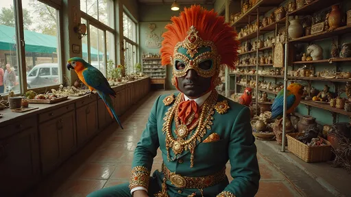 Prompt: a cinematic longshot scene taking place in a vintage atrium full with hundreds of  parrots . a luchador siting alone in the store (he is wearing very elaborate luchador costume with jewels and feathers with full face luchador mask).  Ekta chrome photograph, a colorized photo, low-fidelity dreamy aesthetic, flare, analog photography 