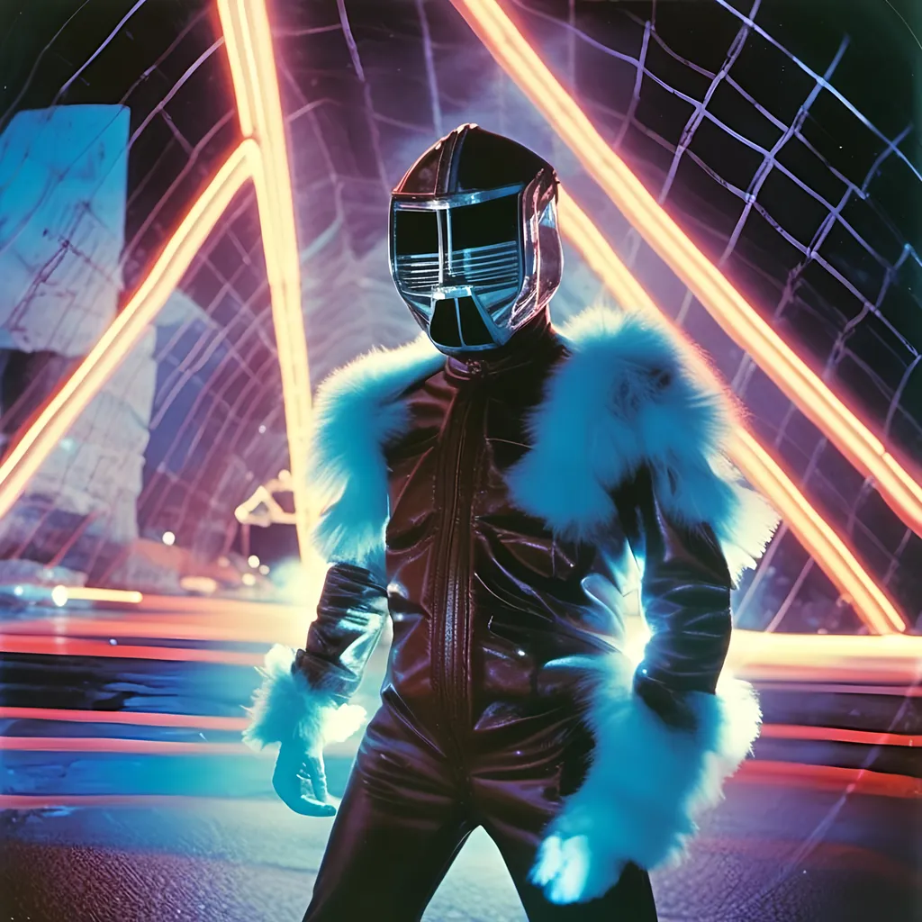 Prompt: <mymodel>  night shot, flash luchador fighter dressed in  dark brown and light blue sparkly fur  jacket and mask and bodysuit pumping gas
retrofuturism, faded photo, light leak, film burn, flash ,fish eye lens, wide lens, 8m"m lens, lens flare, polaroid, high contrast, low angle, motion blur, slow shutter