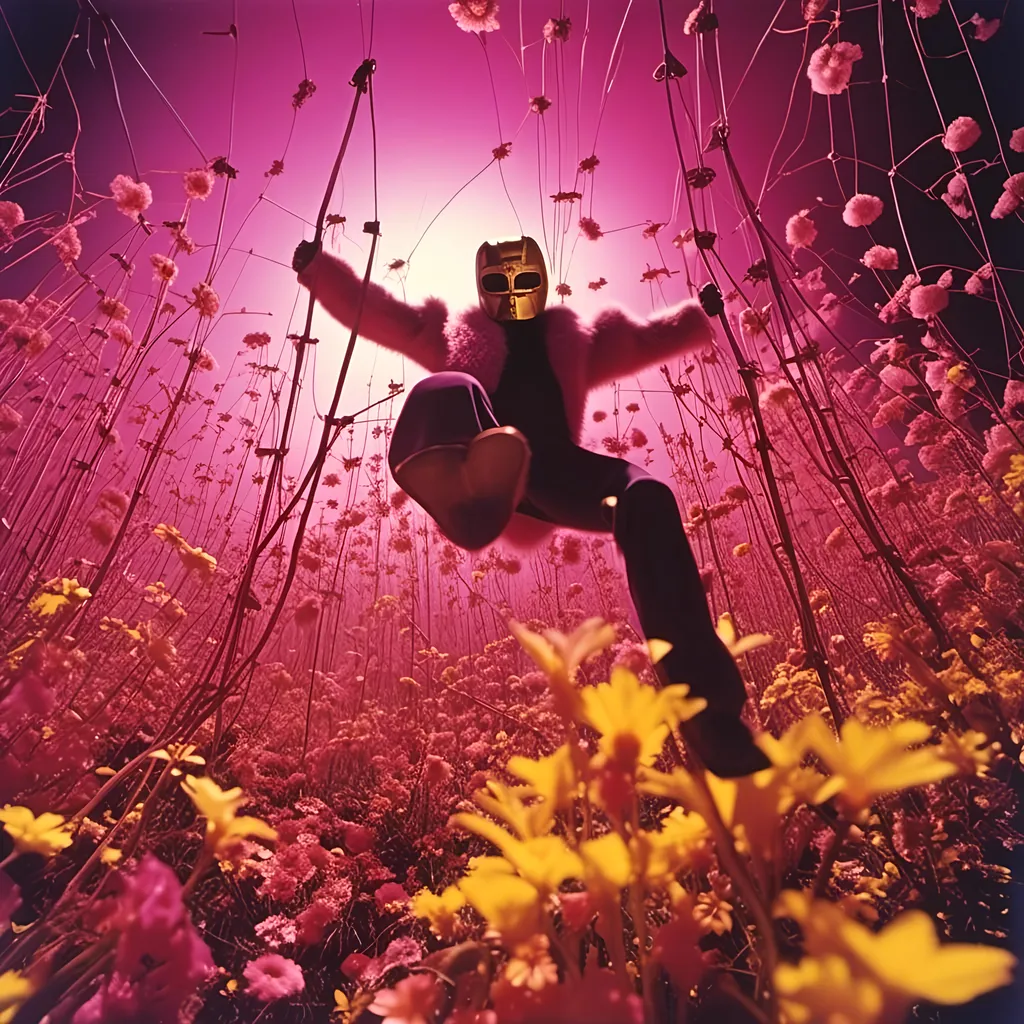 Prompt: <mymodel>  night shot, flash luchador fighter dressed in dark pink and dark yellow sparkly fur  jacket and mask and bodysuit swinging from the on a huge swing in a fields of dead flowers
retrofuturism, faded photo, light leak, film burn, flash ,fish eye lens, wide lens, 8m"m lens, lens flare, polaroid, high contrast, low angle