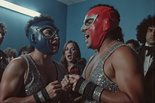 Prompt: a small group (no more than 4 people) luchadores wrestlers. screaming at each other , dynamic  scene. people look very upset. florescent lit room, with a 1980's simple brutalist design aesthetic. 
8K , super detailed . in a 1980's indie cinematic look
photograph, grainy film look