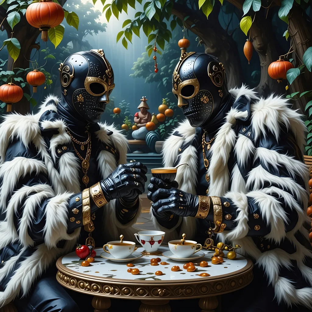 Prompt: masked luchadores dressed sparkly fur  suit, drinking tea  in a fancy garden