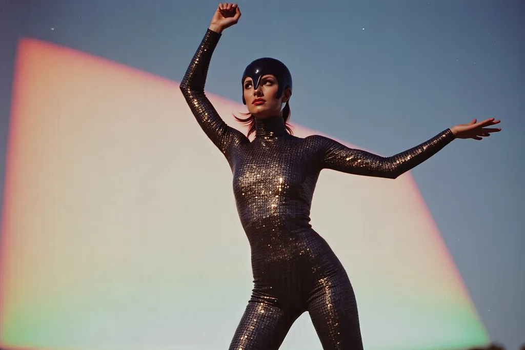 Prompt: female masked  luchador wrestler in  sparkly  bodysuit   parachuting 
retrofuturism style , photography 