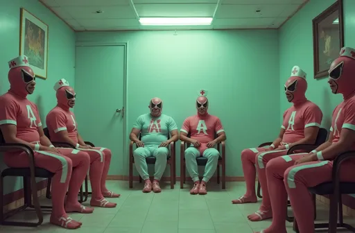 Prompt: a small group (no more than 4 people) luchadores wrestlers (dresses in nurse themed luchador costume, masks and bodysuits) sitting in an "AA" meeting, in a florescent lit room, with a 1980's simple brutalist design aesthetic. 
8K , super detailed . in a 1980's indie cinematic look, faded winter color theme.
photograph, grainy film look