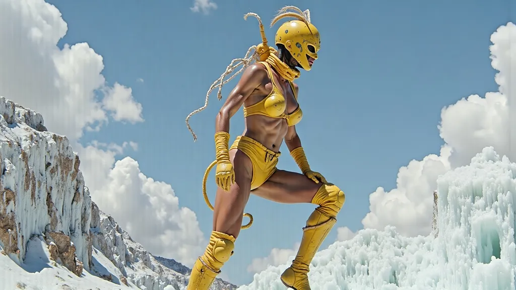 Prompt: masked  luchador wrestler in bodysuit made of corn  ice climbing a mountain.
retrofuturism style 