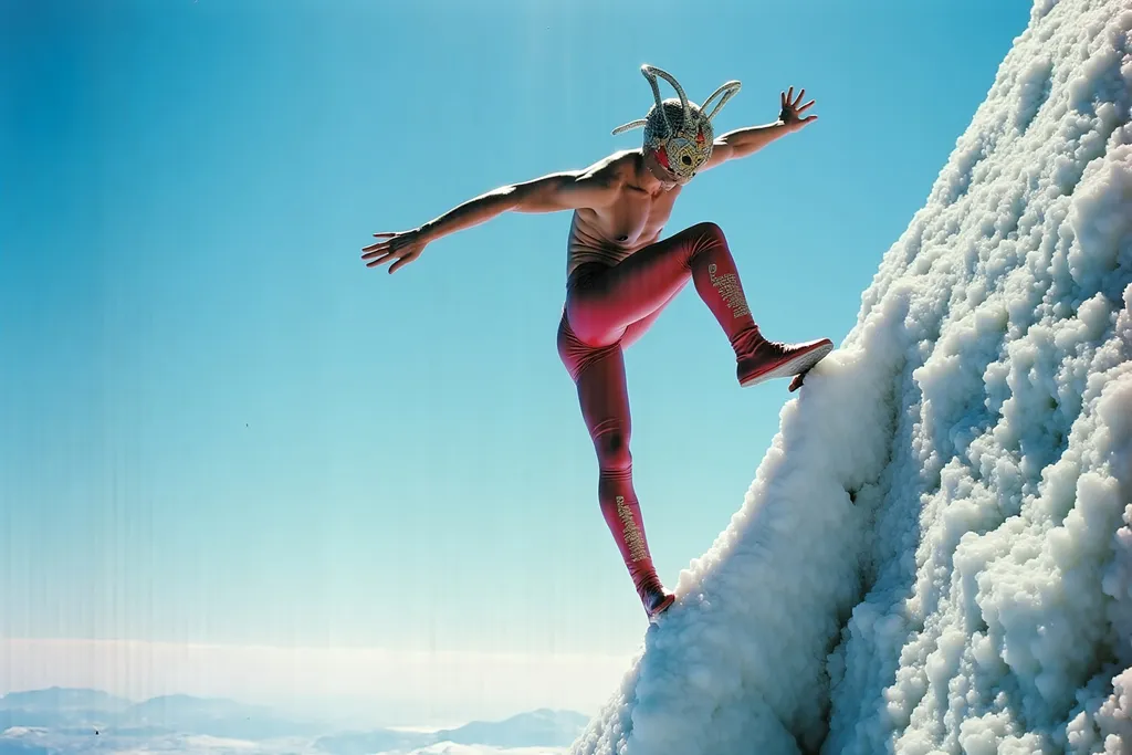 Prompt: masked  luchador wrestler in bodysuit made of corn  ice climbing a mountain.
retrofuturism style , photography 