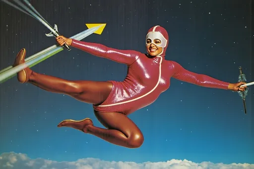 Prompt: female masked  luchador wrestler in  sparkly  bodysuit   parachuting 
retrofuturism style , photography  