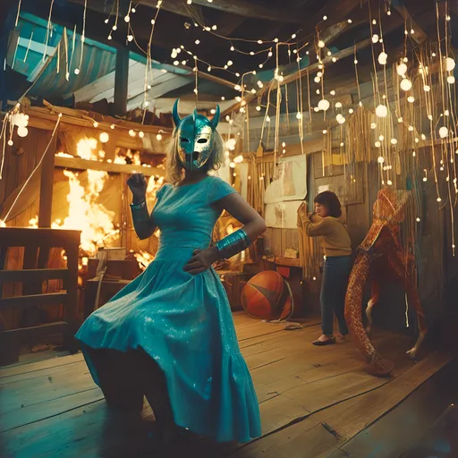 Prompt: <mymodel>  photo , film girl with blue dress is and full face luchador mask  riding  golden merlot sparkly Coin Operated Kiddie unicorn Ride is  burning   in a barn , faded photo, light leak, film burn ,fish eye lens, wide lens, 8m"m lens, lens flare
