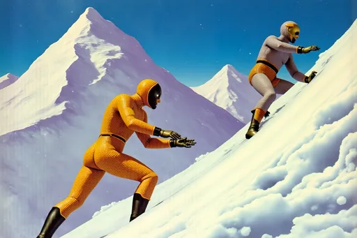 Prompt: masked  luchador wrestler in bodysuit made of corn  ice climbing a mountain.
retrofuturism style 