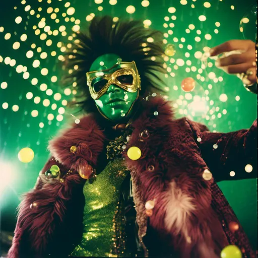 Prompt: <mymodel>  photo , film , flash .
night shot, flash luchador fighter dressed in  merlot and gold and neon green sparkly fur  jacket and mask and bodysuit blowing bubbles r, faded photo, light leak, film burn, flash ,fish eye lens, wide lens, 8m"m lens, lens flare, polaroid, high contrast, low angle