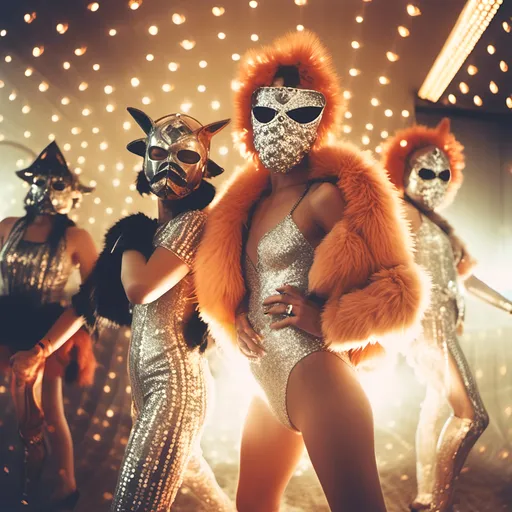 Prompt: <mymodel>   luchador fighters dressed in silver and dark orange  sparkly fur  jacket and mask and bodysuit dancing , faded photo, light leak, film burn ,fish eye lens, wide lens, 8m"m lens, lens flare