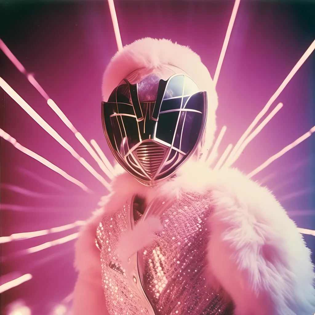 Prompt: <mymodel>night shot, flash luchador fighter dressed in light pink and white sparkly fur  jacket and mask and bodysuit dancing
retrofuturism, faded photo, light leak, film burn, flash ,fish eye lens, wide lens, 8m"m lens, lens flare, polaroid, high contrast, low angle